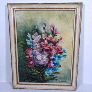 Vintage Floral Still Life Oil Painting Colorful Flowers Framed Wall Decor 16x12